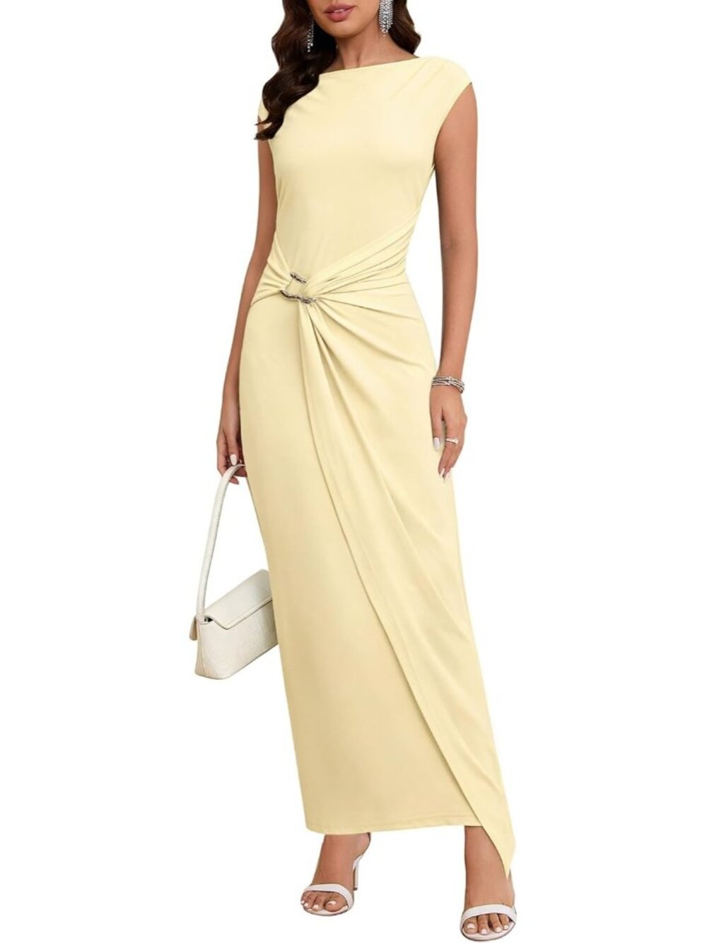 Women's Yellow Formal Bodycon Evening Gown Cap Sleeve Wedding Guest Maxi Dresses